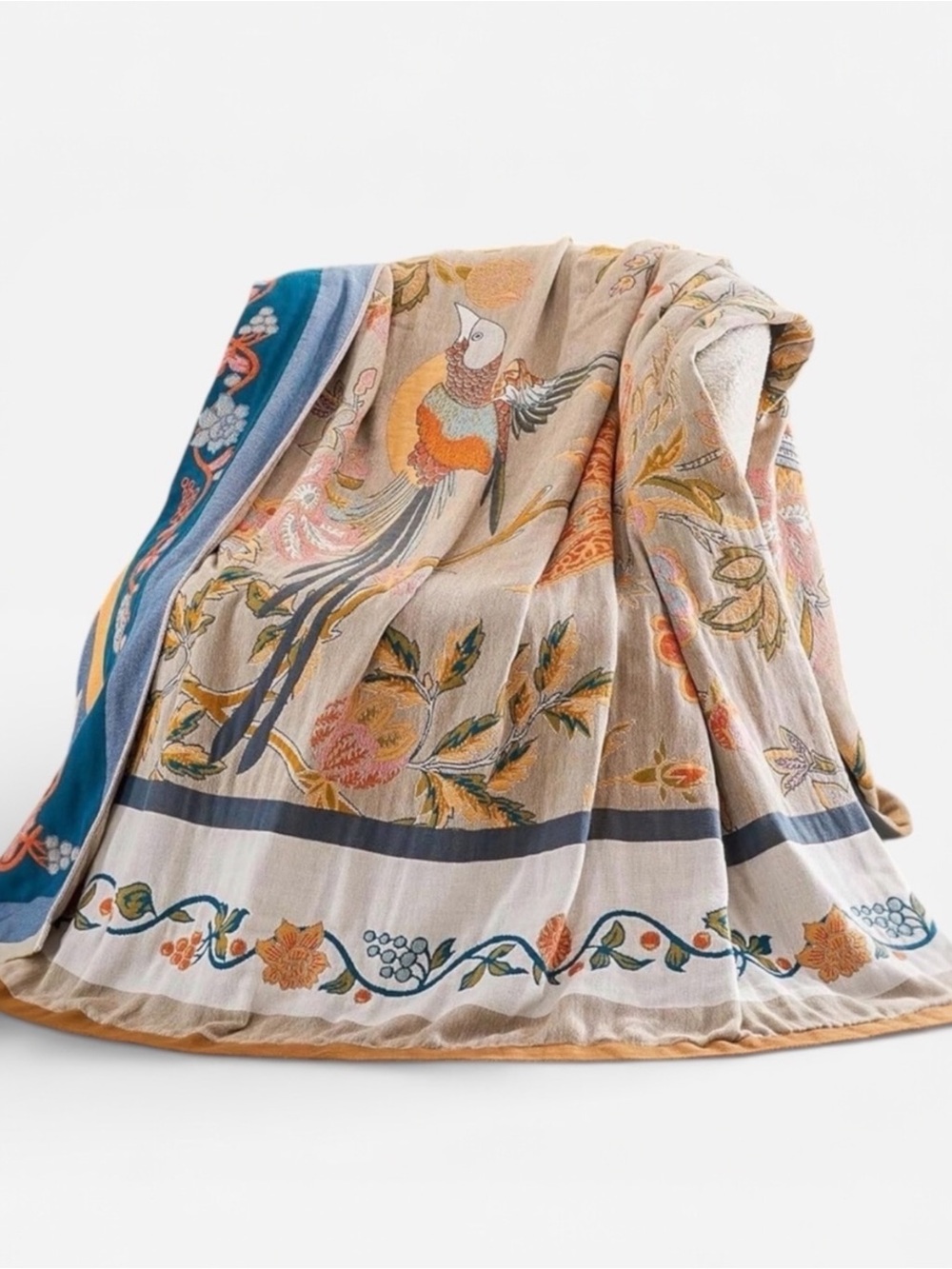 NEW Anthro Reversible Boho Bird Multicolor Throw Blanket Bedspread Quilt 50 x 60
